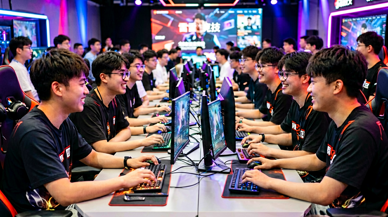电竞社区活动现场，年轻观众热情观赛与互动交流